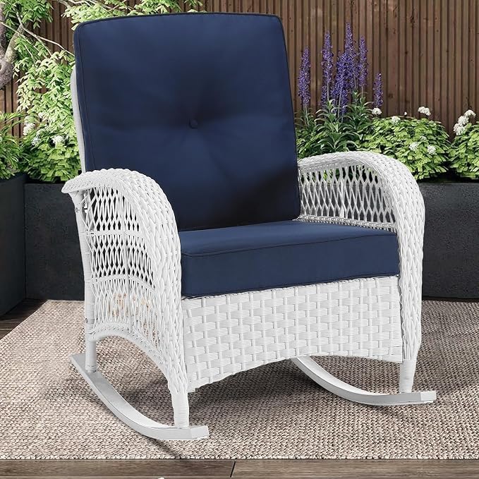 MEETWARM All-Weather Wicker Rocking Chair — White with Navy Cushions