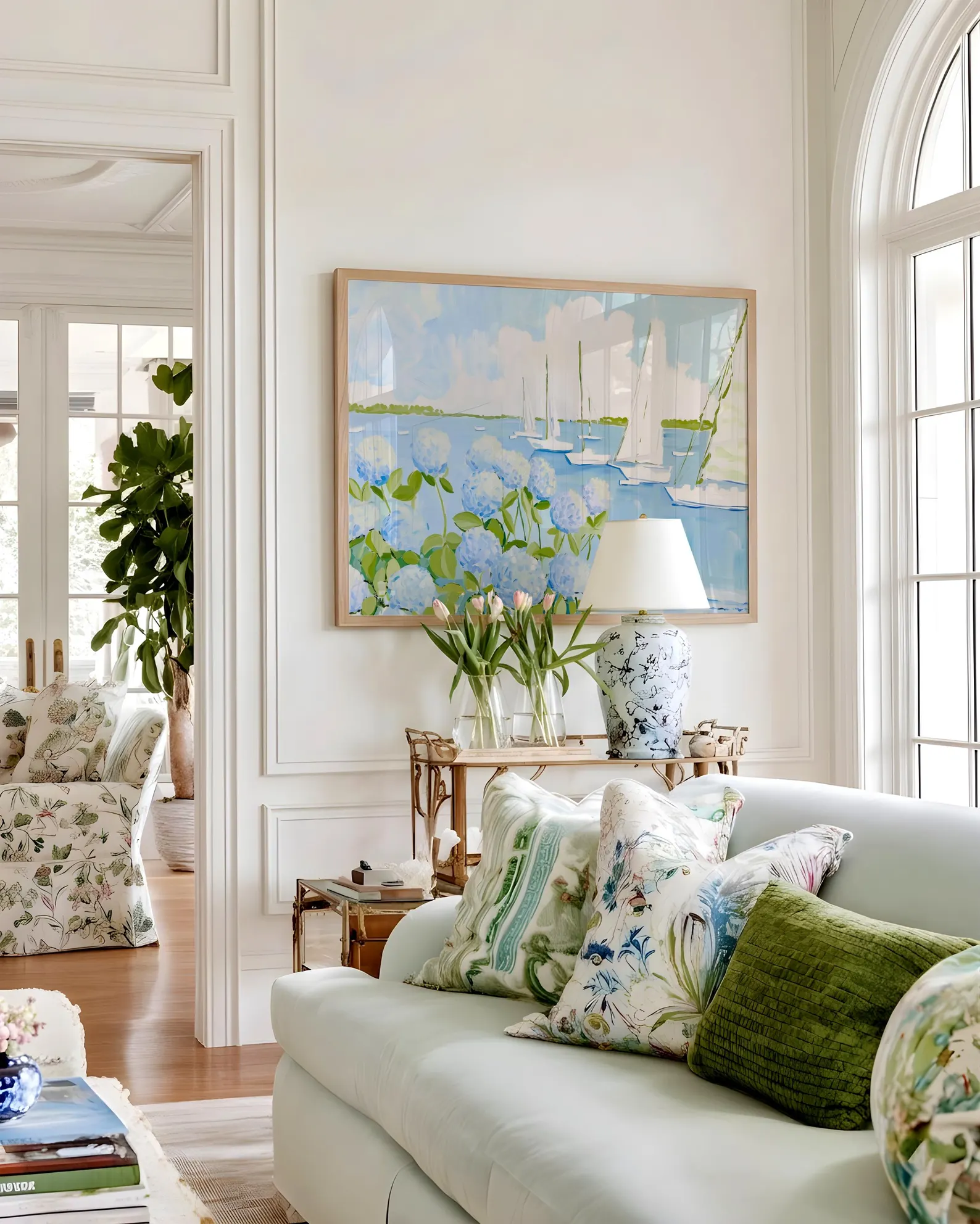 Blue Nantucket Harbor Wall Art — Sailboat & Hydrangea Coastal Print