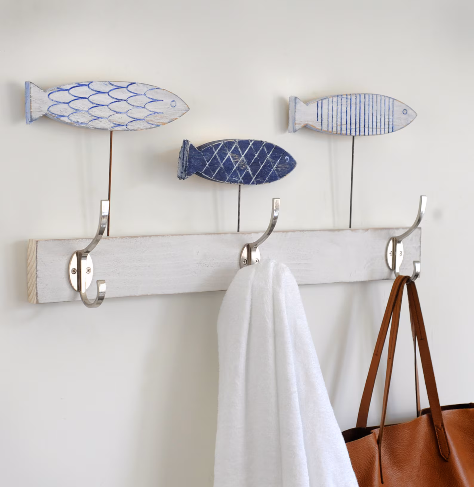 Three Wooden Fish Towel Hook — Lake House Beach Bath Wall Decor