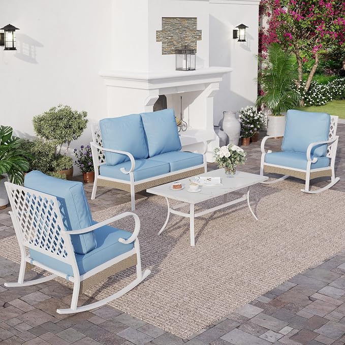 Sunshine Valley 4-Piece White Wicker Rocking Conversation Set — Sky Blue Cushions
