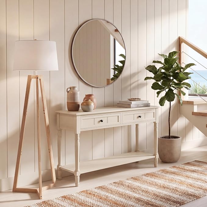Nourison Cream Coastal Console Table with 2 Drawers & Shelf