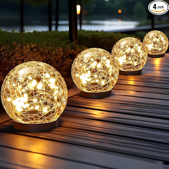Solar Crackle Glass Globe Pathway Lights — Warm White (Set of 4)