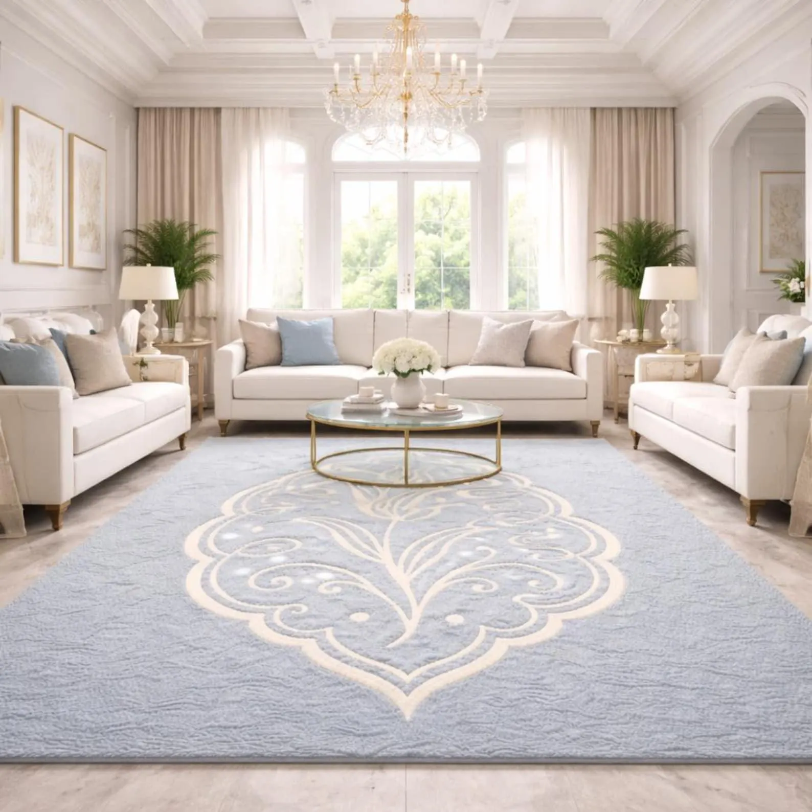 Light Blue & Cream Floral Luxury Area Rug — Grand Medallion
