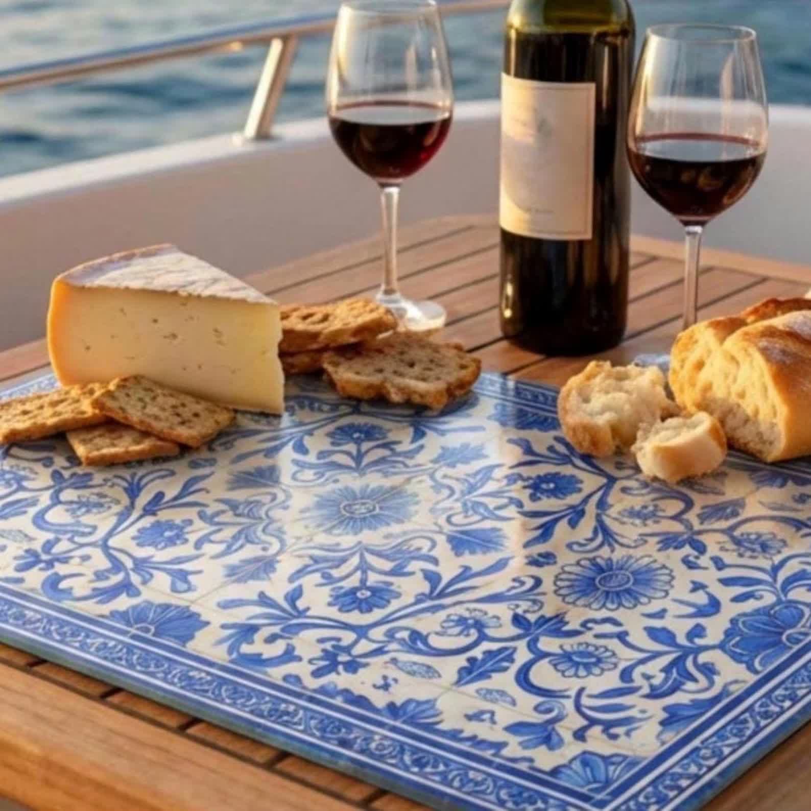 Blue & White Tile Glass Serving Board — Mediterranean Charcuterie