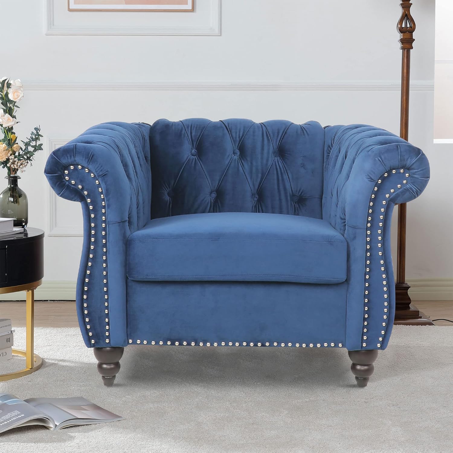 LEVNARY Blue Velvet Chesterfield Rolled-Arm Accent Chair