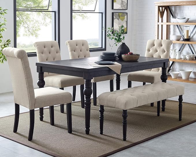 Roundhill Leviton Dark-Washed Wood Dining Set — Table, 4 Chairs & Bench