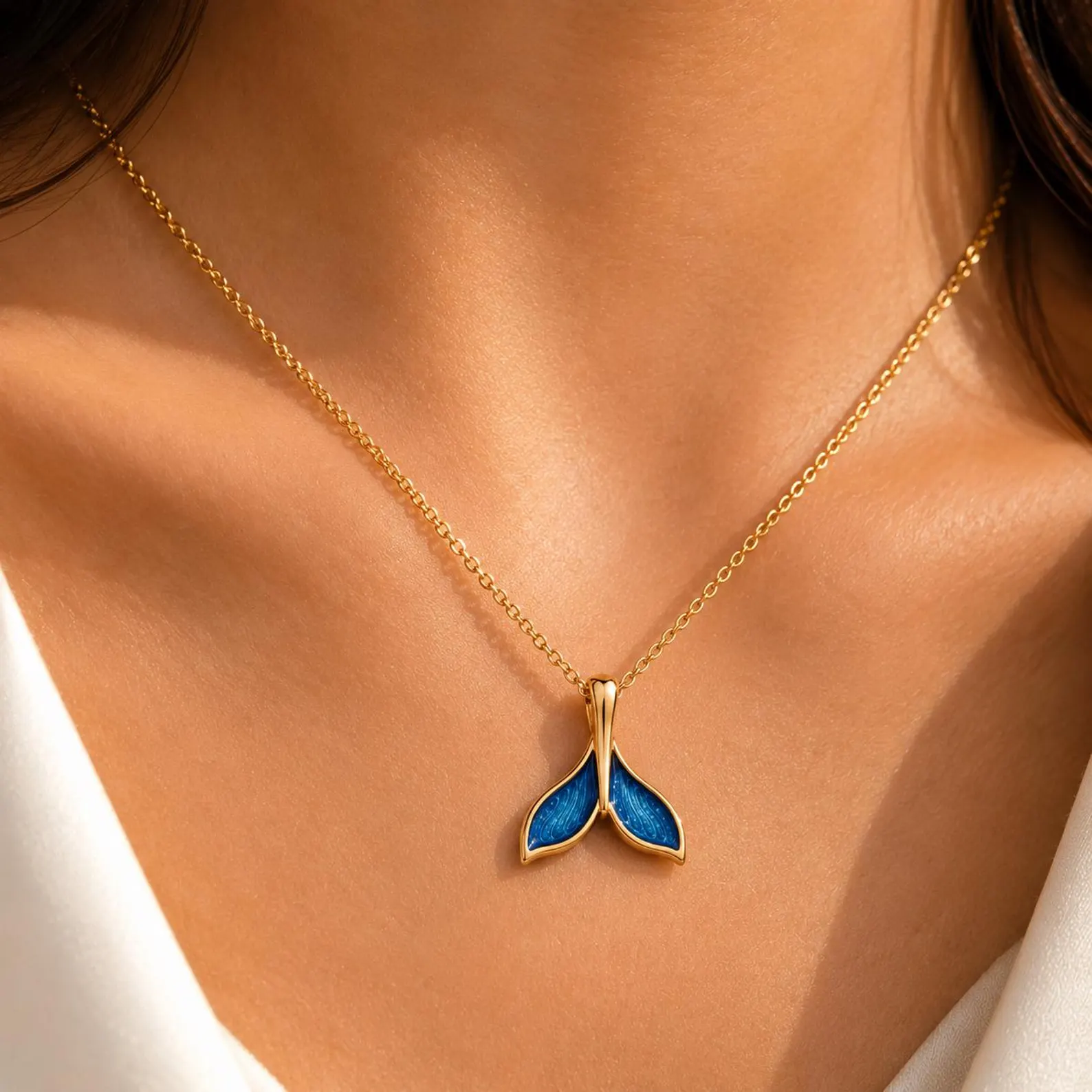 14K Gold Mermaid Tail Necklace with Blue Enamel