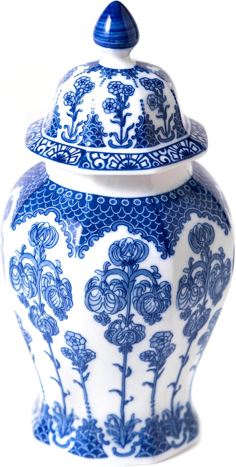 KuJaRen Blue & White Chinoiserie Ginger Jar Vase (15" H)