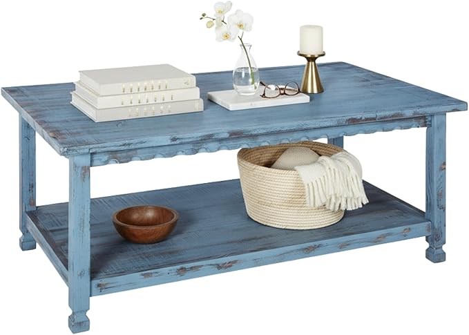 Distressed Blue Scalloped Farmhouse Coffee Table with Lower Shelf