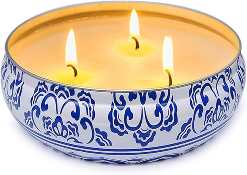 3-Wick Citronella Soy Candle in Blue & White Tin, 75-Hour Burn