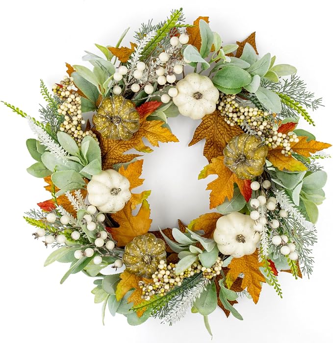 JINGHONG 22" Fall Wreath with White Pumpkins & Silk Lamb's Ear