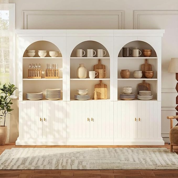 71" Arched White Kitchen Pantry / Display Hutch with Gold Handles (Set of 3)