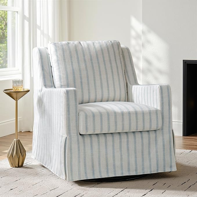 HULALA HOME Farmhouse Swivel Rocker Chair with Washable Slipcover — Soft Blue Stripe