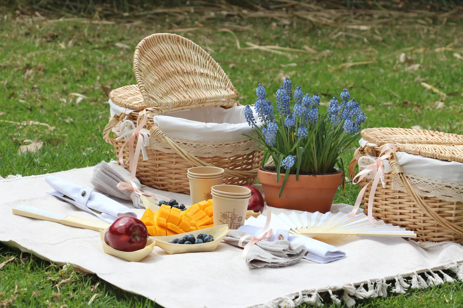 Romantic Wicker Picnic Basket Set for Two — Lace-Trimmed & Ribbon-Tied