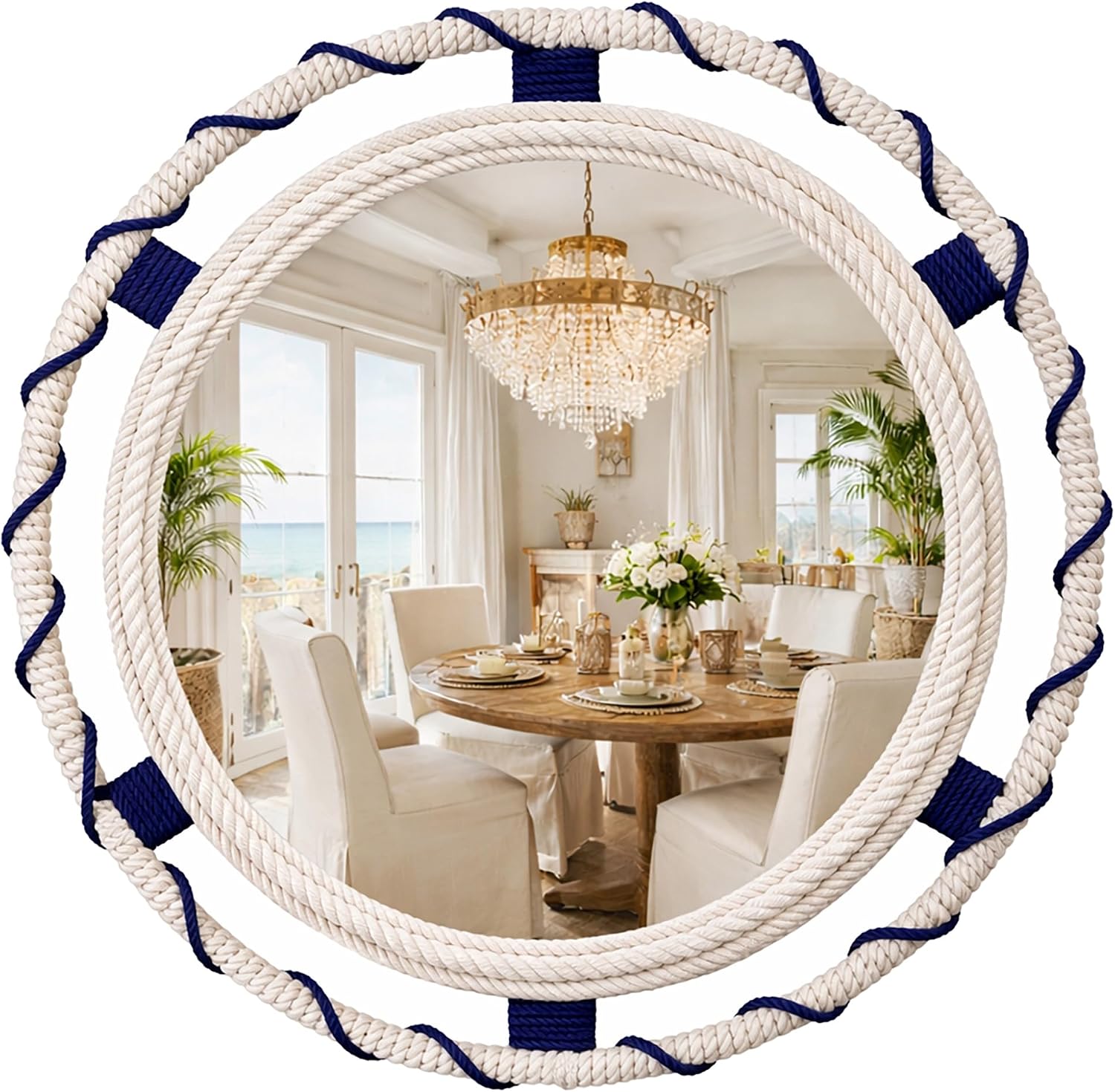 CAVINHOME 30" Round Nautical Rope Wall Mirror — White & Navy Dual Frame