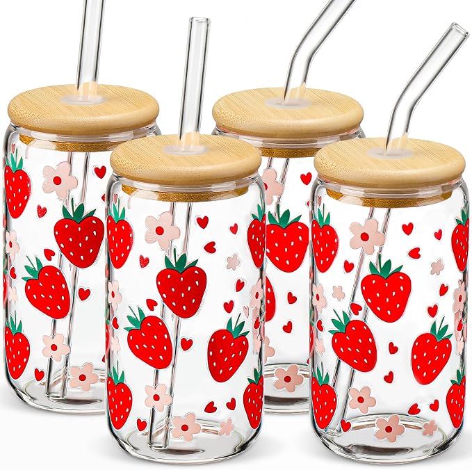 DWTS Strawberry Glass Cups with Bamboo Lids & Glass Straws, 16 oz (Set of 4)