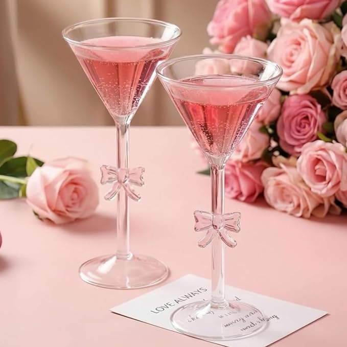 FoldTier Pink Bow Martini Glasses, 9 oz (Set of 2)