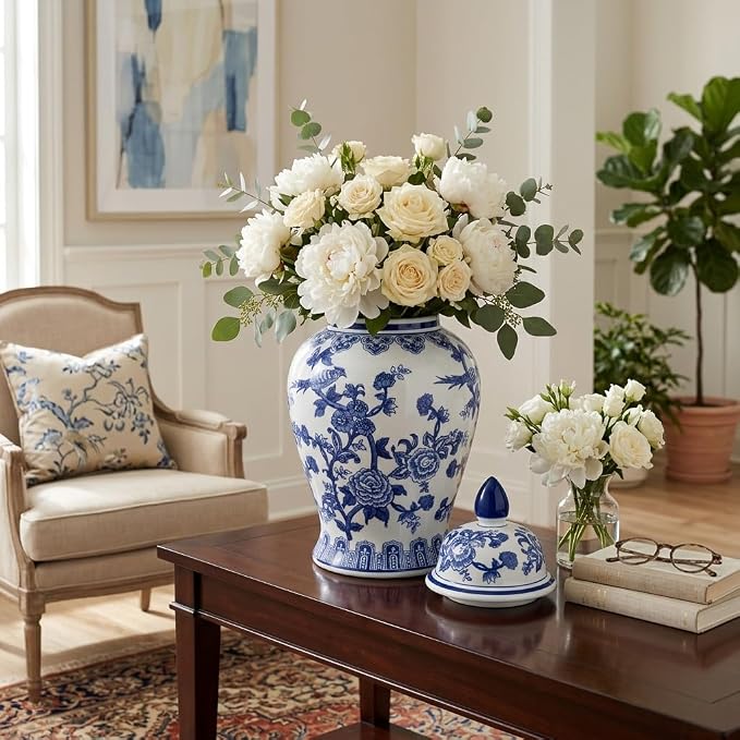 Decorative Chinoiserie Ceramic Ginger Jar with Lid, 18" — Blue & White