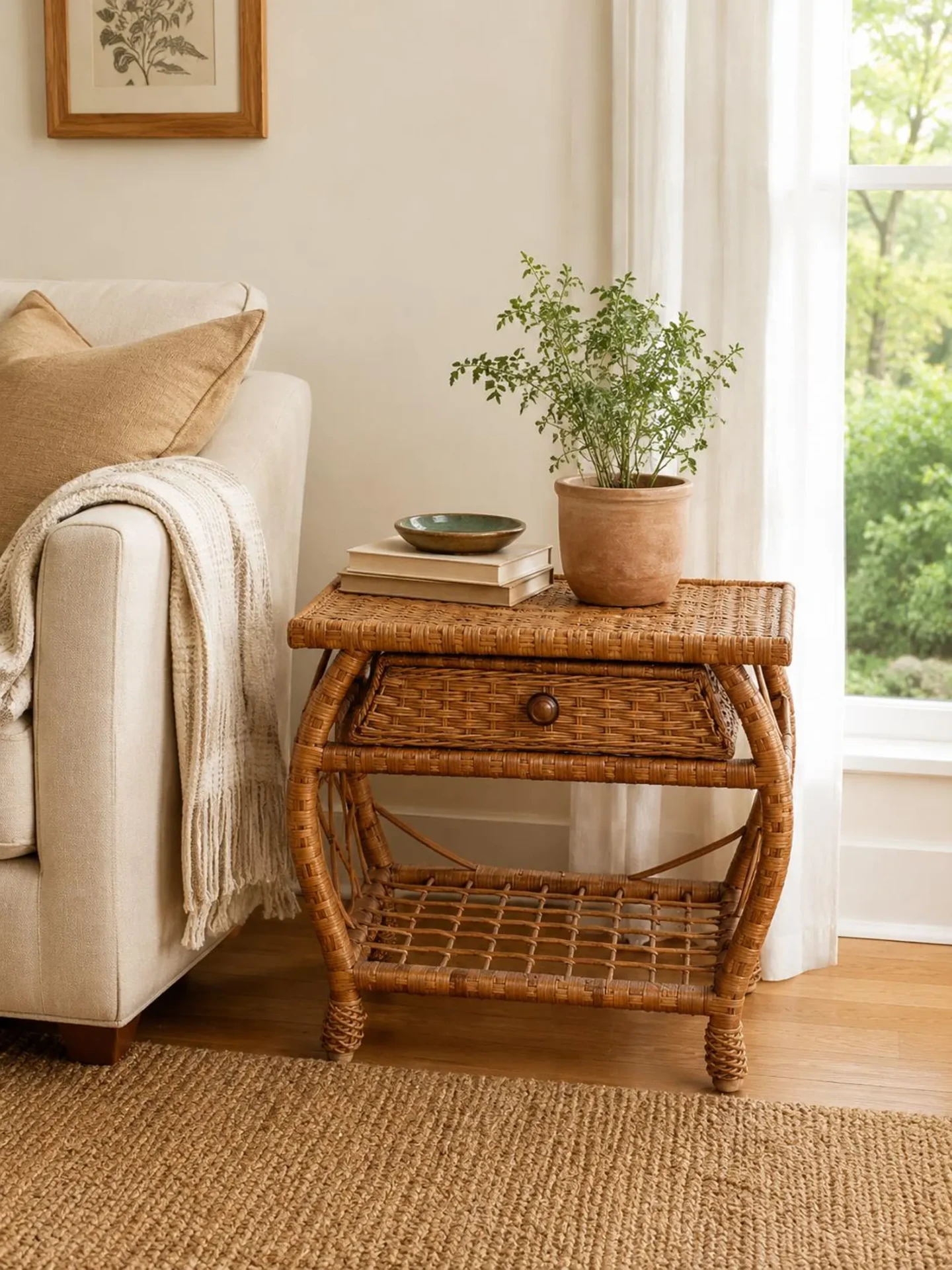 Small Woven Wicker Coffee Table with Drawer — Willow Rattan Side Table