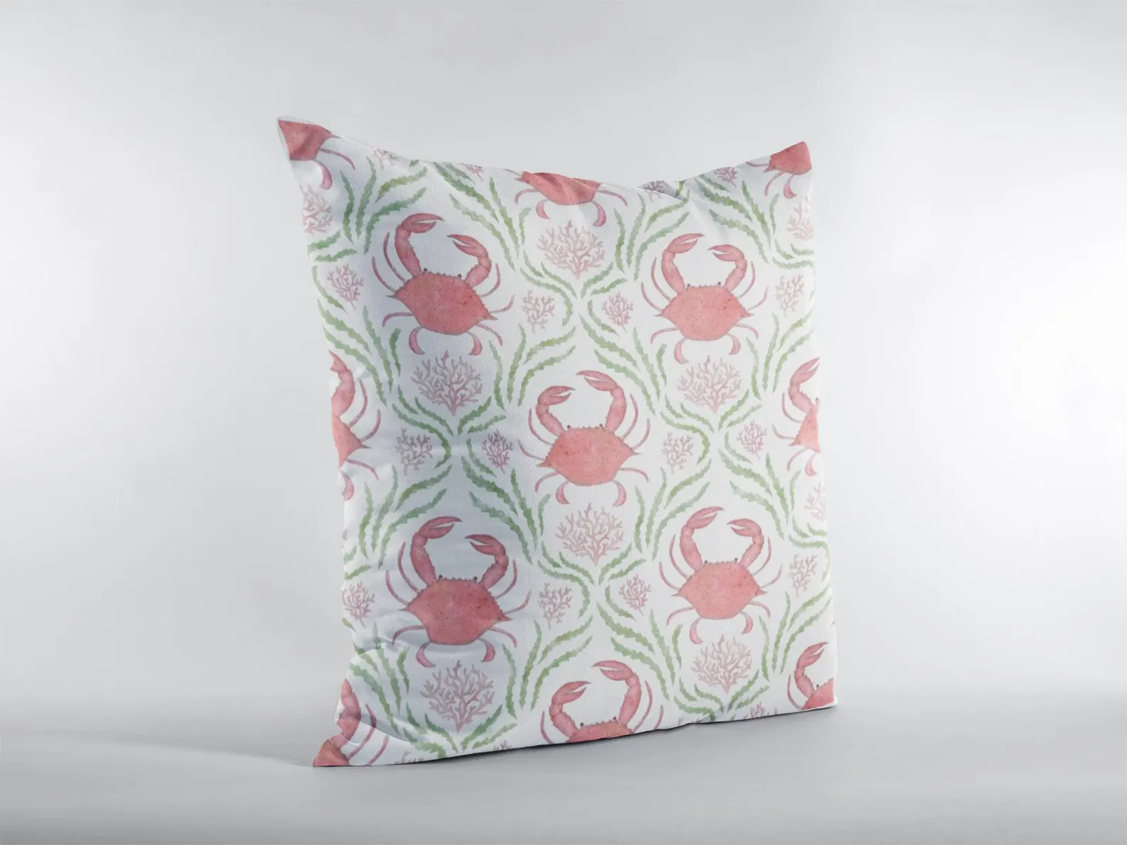 Watercolor Crab & Coral Throw Pillow — Coral Pink Nautical Cushion