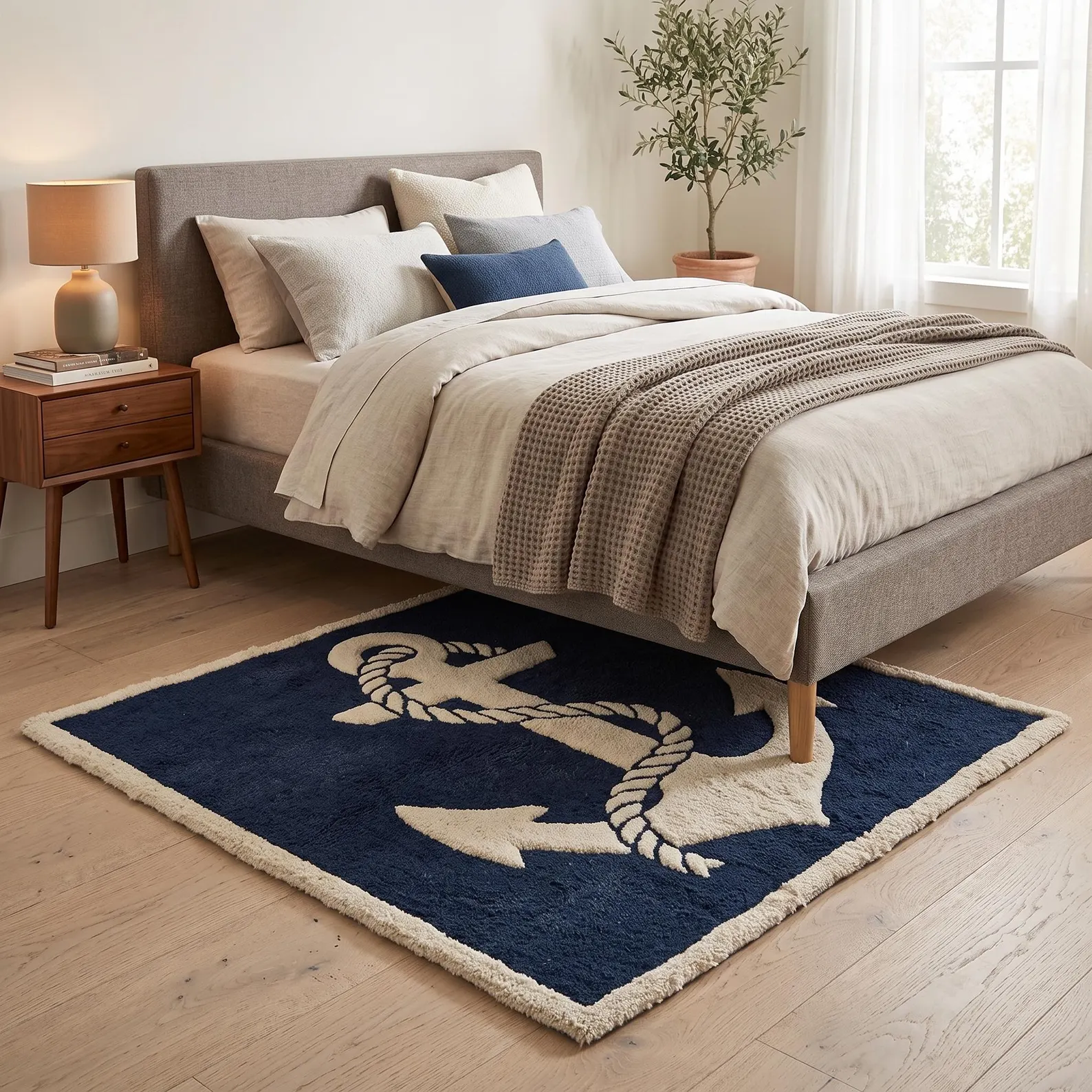 Navy Anchor Hand-Tufted Wool Rug — Cream Rope & Nautical Anchor
