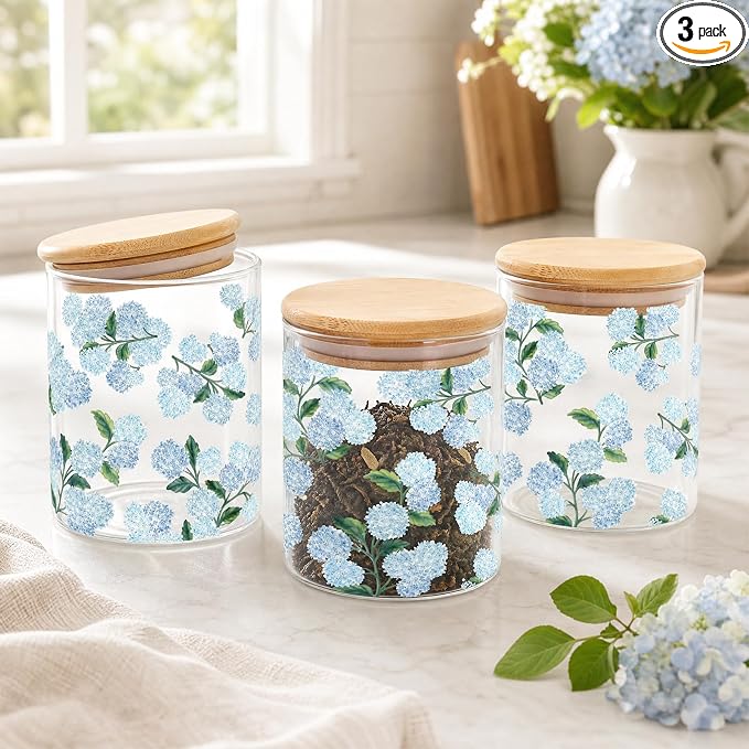Hydrangea Glass Storage Jars with Bamboo Airtight Lids (Set of 3)