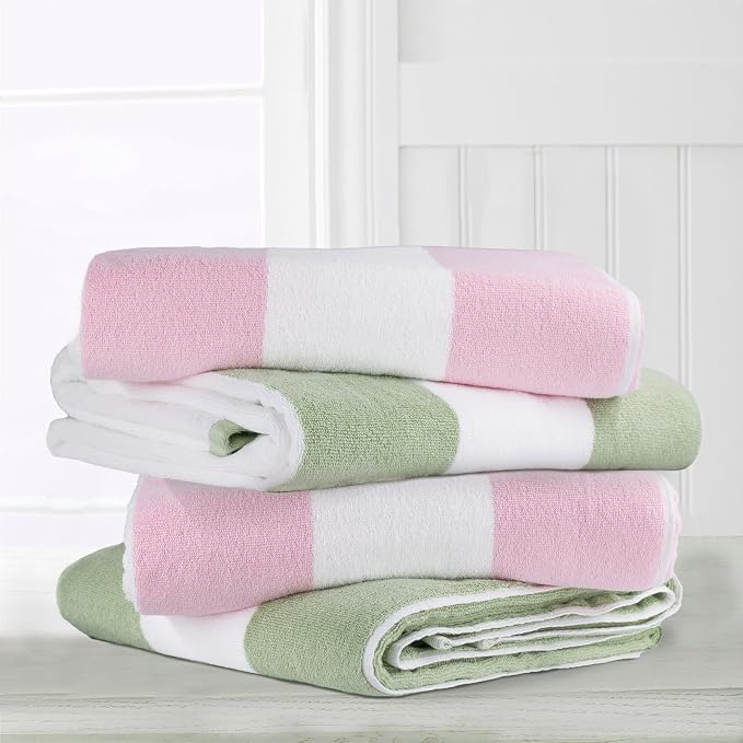Cabana Stripe Cotton Beach Towels — Pink & Sage Green (Set of 2)