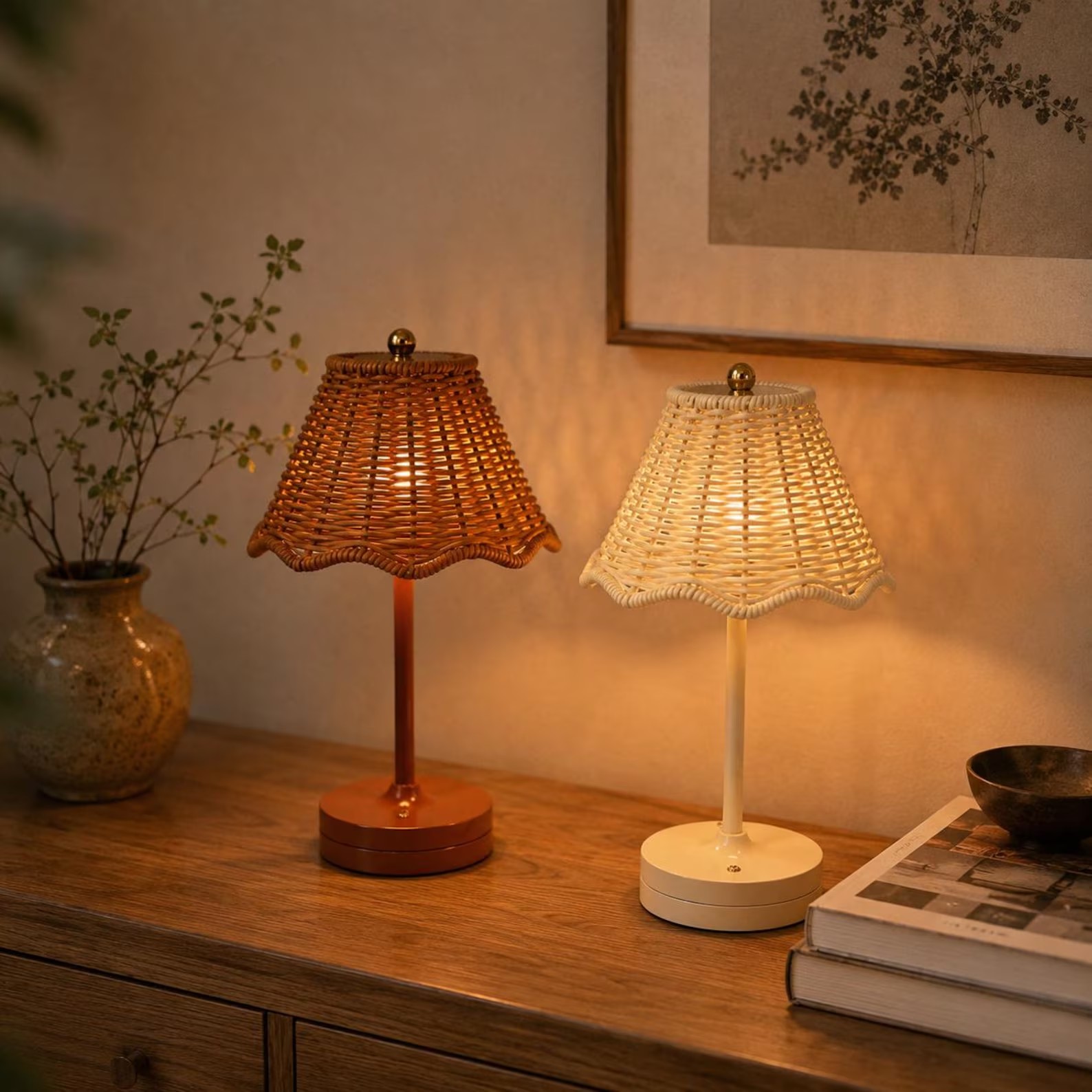 Faux Rattan Rechargeable Touch Table Lamp — 3-Color Dimmable Cordless