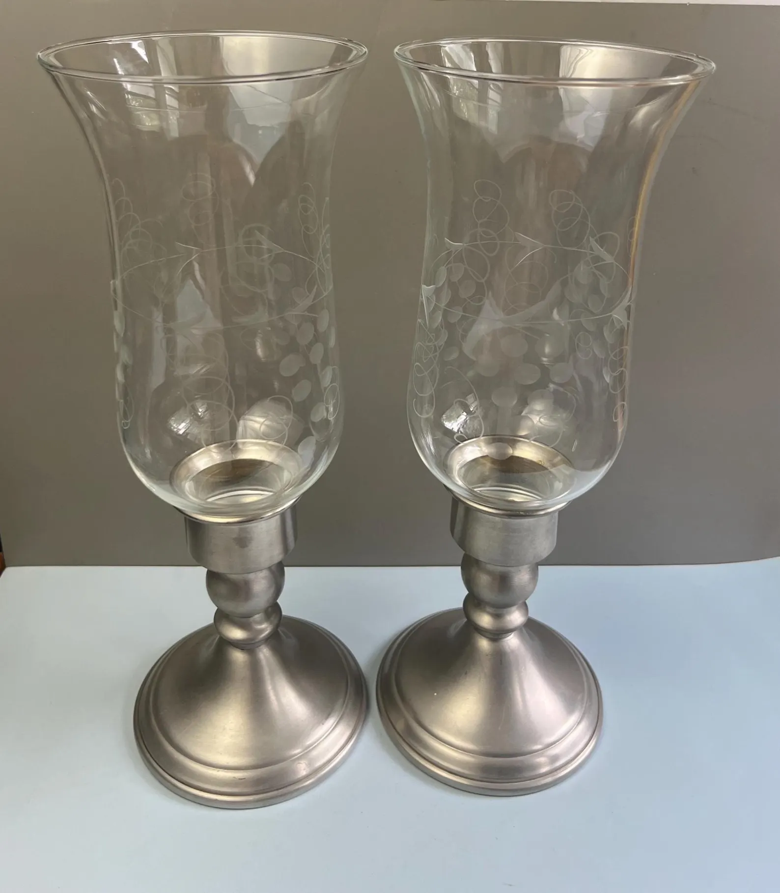Vintage Web Weighted Pewter Hurricane Candle Holders — Etched Glass Pair