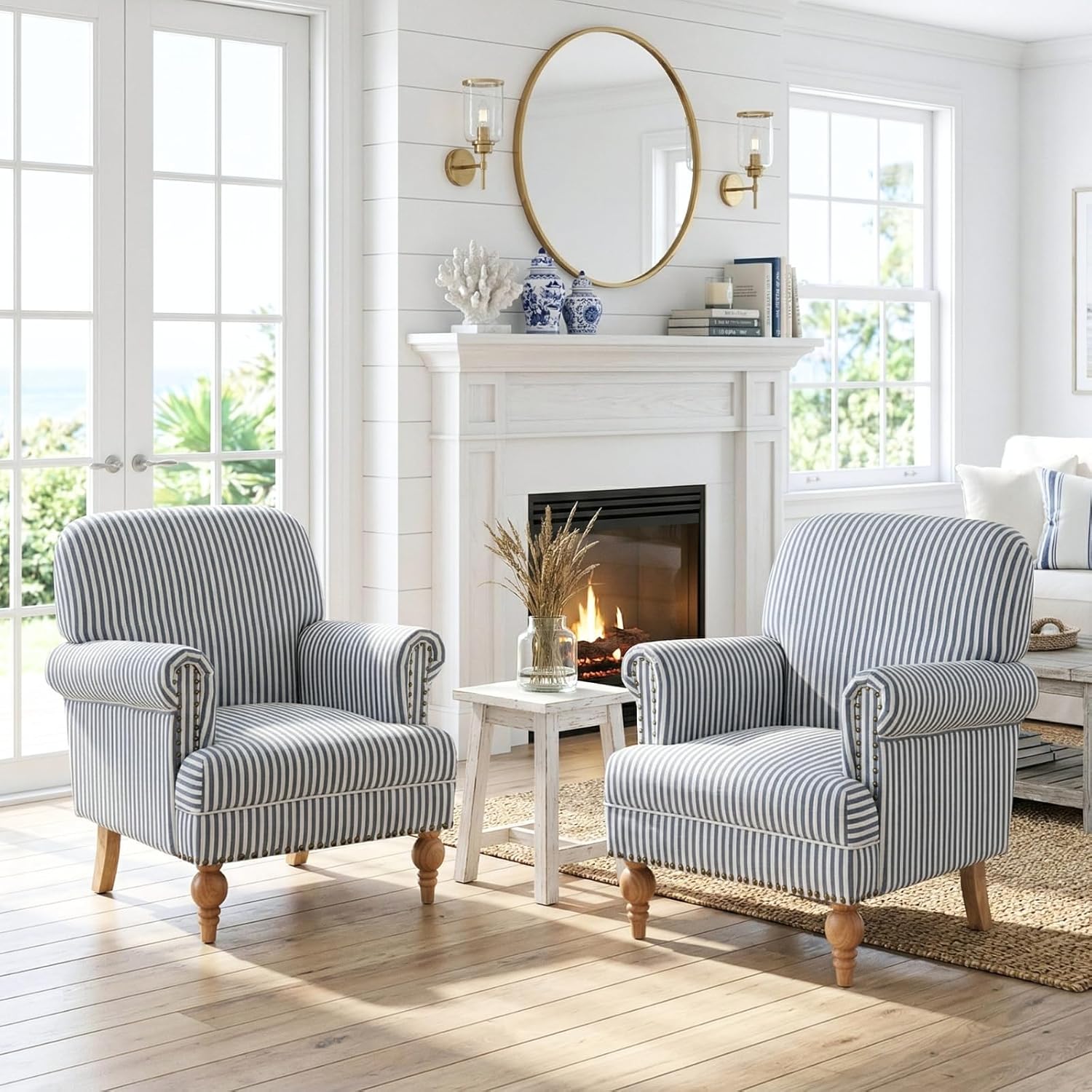 Blue & White Ticking Stripe Rolled-Arm Club Chairs with Nailhead (Set of 2)