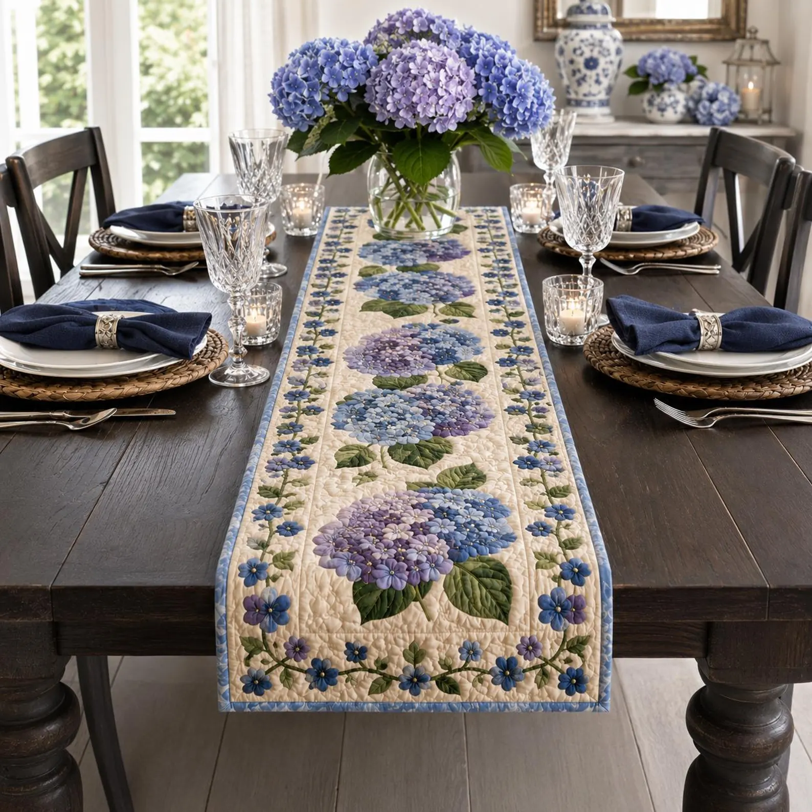 Quilted Hydrangea Table Runner — Botanical Blue