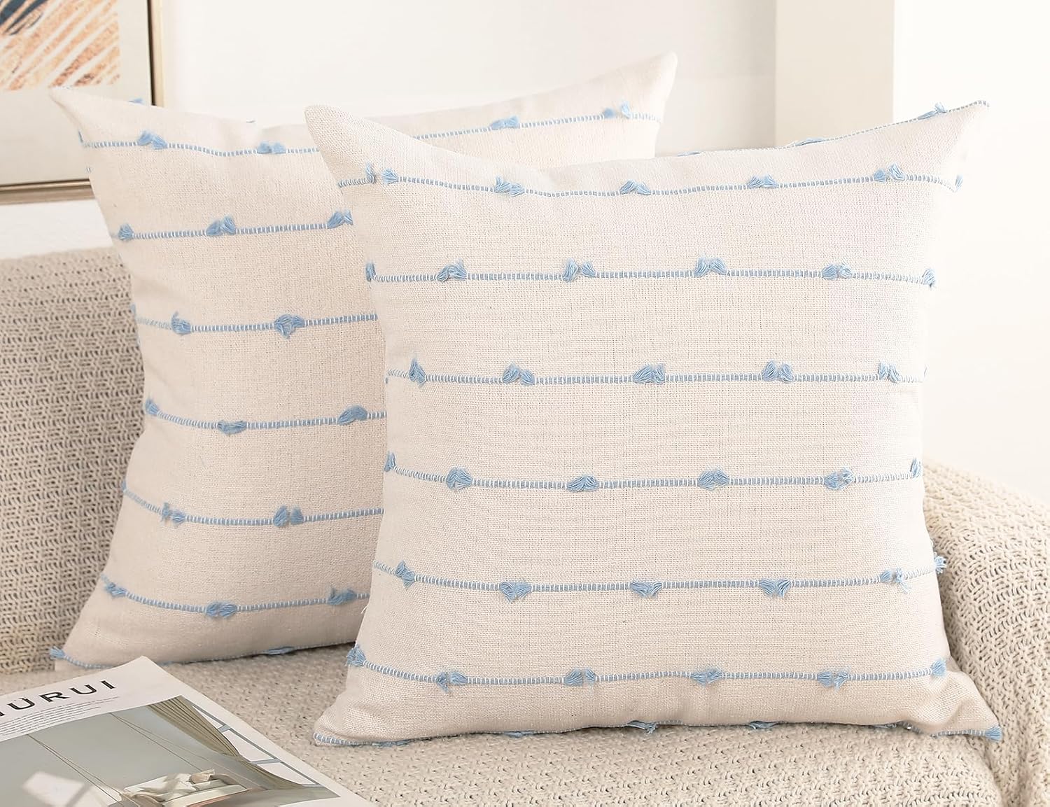 NUYECY Light Blue & White Tassel Fringe Throw Pillow Covers, 16"x16" (Set of 2)
