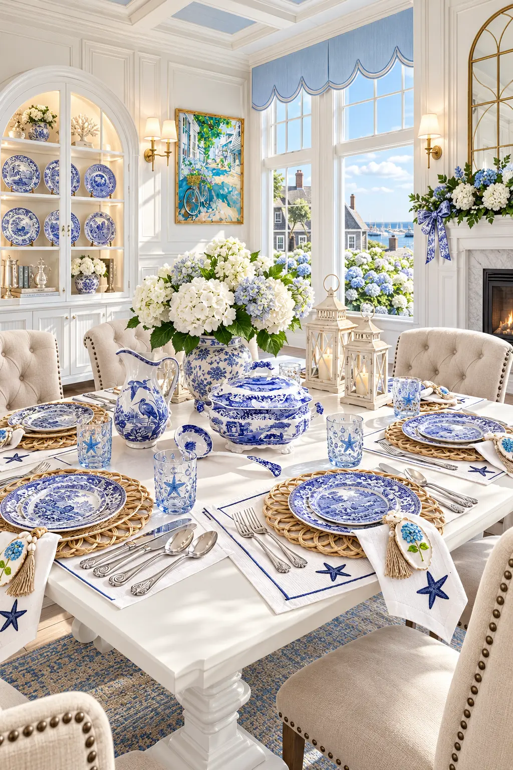 Nantucket dining room with a white trestle table set with Spode blue and white plates, rattan chargers, starfish placemats and glasses, heron pitcher, hydrangea centerpiece, lanterns, tufted linen chairs, arched hutch of transferware and a hydrangea mantel garland.