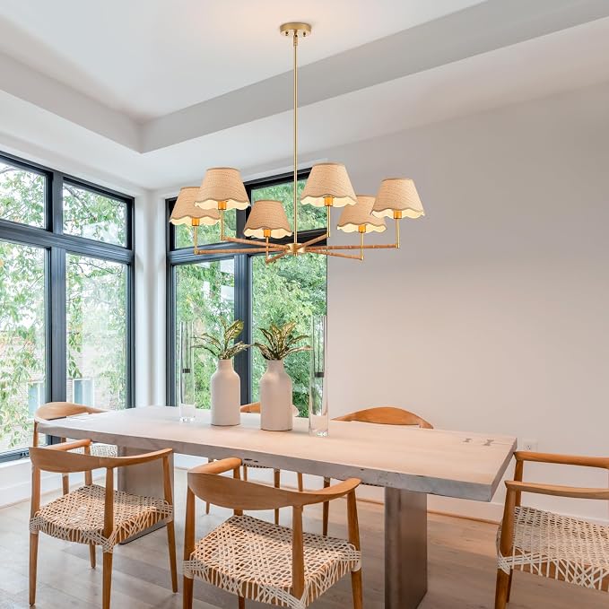 5-Light Farmhouse Rattan Scallop Shade Chandelier (Brass Linear)