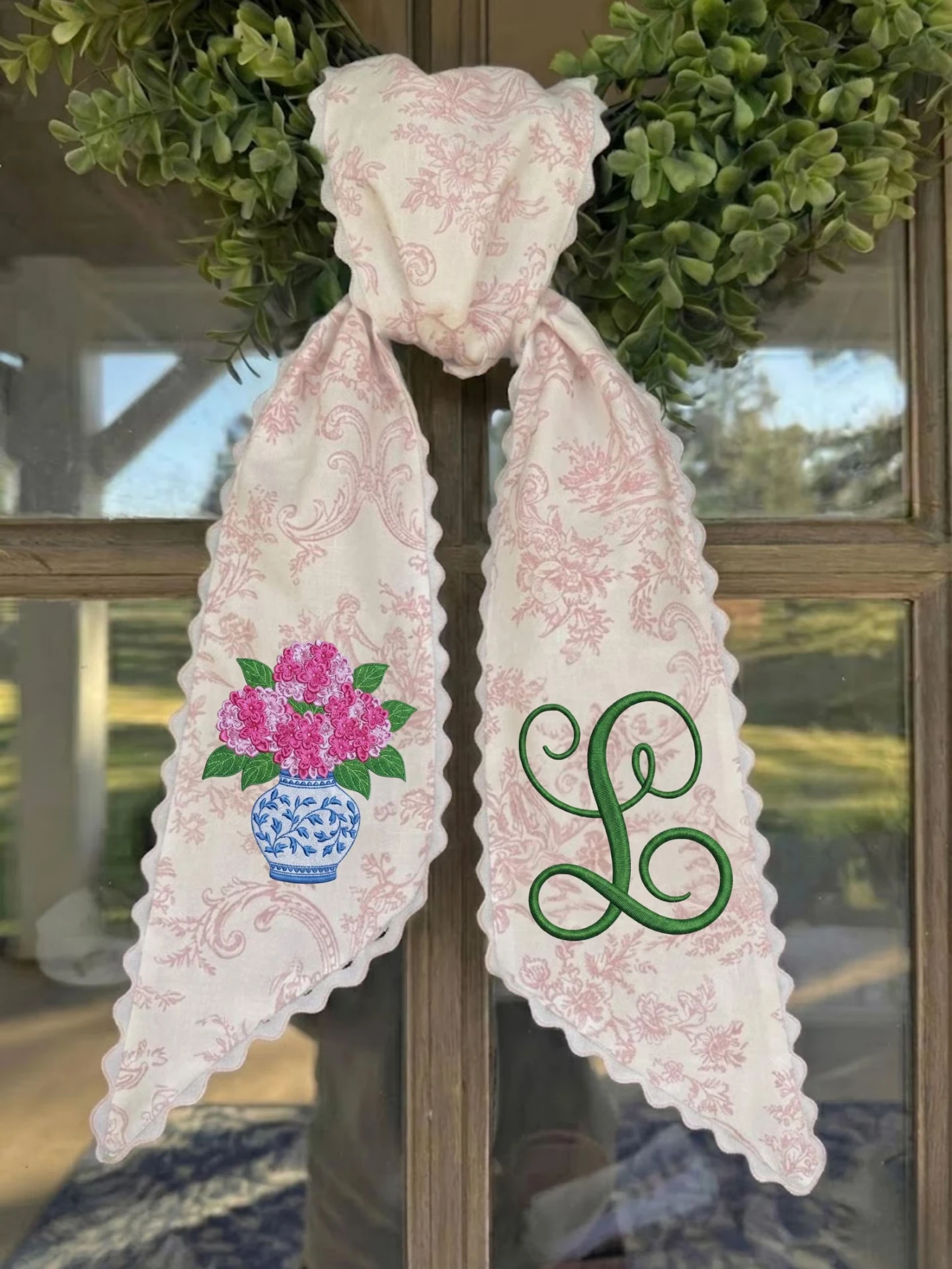 Personalized Pink Toile Hydrangea Embroidered Wreath Sash — Custom Monogram