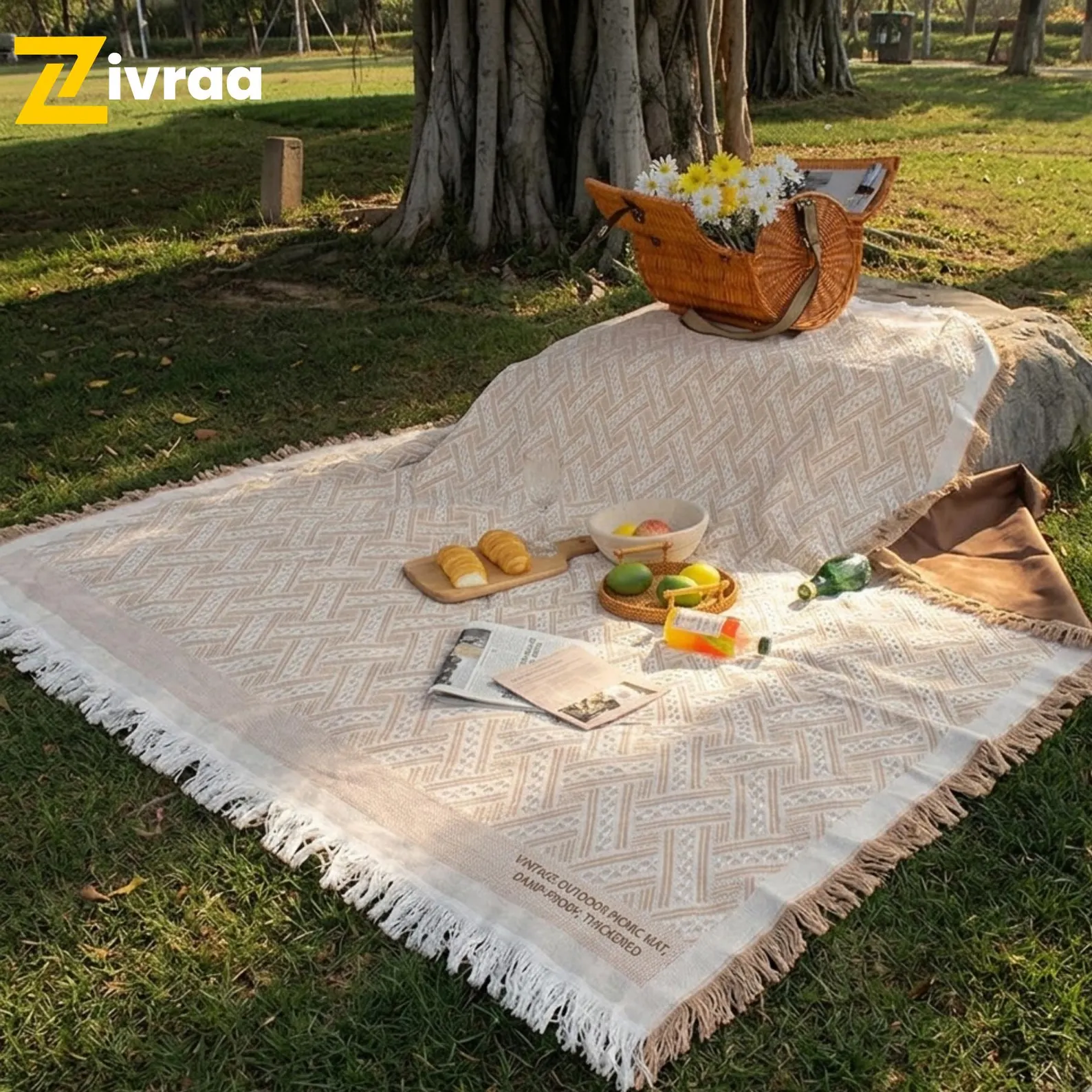 Vintage Woven Fringed Picnic Mat — Damp-Proof with Tassels