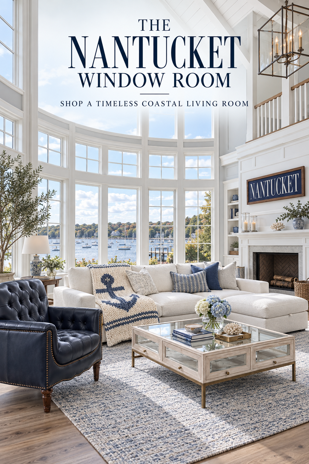 Tall Nantucket harbor living room with curved white windows, cream sectional, navy tufted leather chair, pale wood glass coffee table, blue vintage rug, anchor throw, hydrangeas and nautical accents.