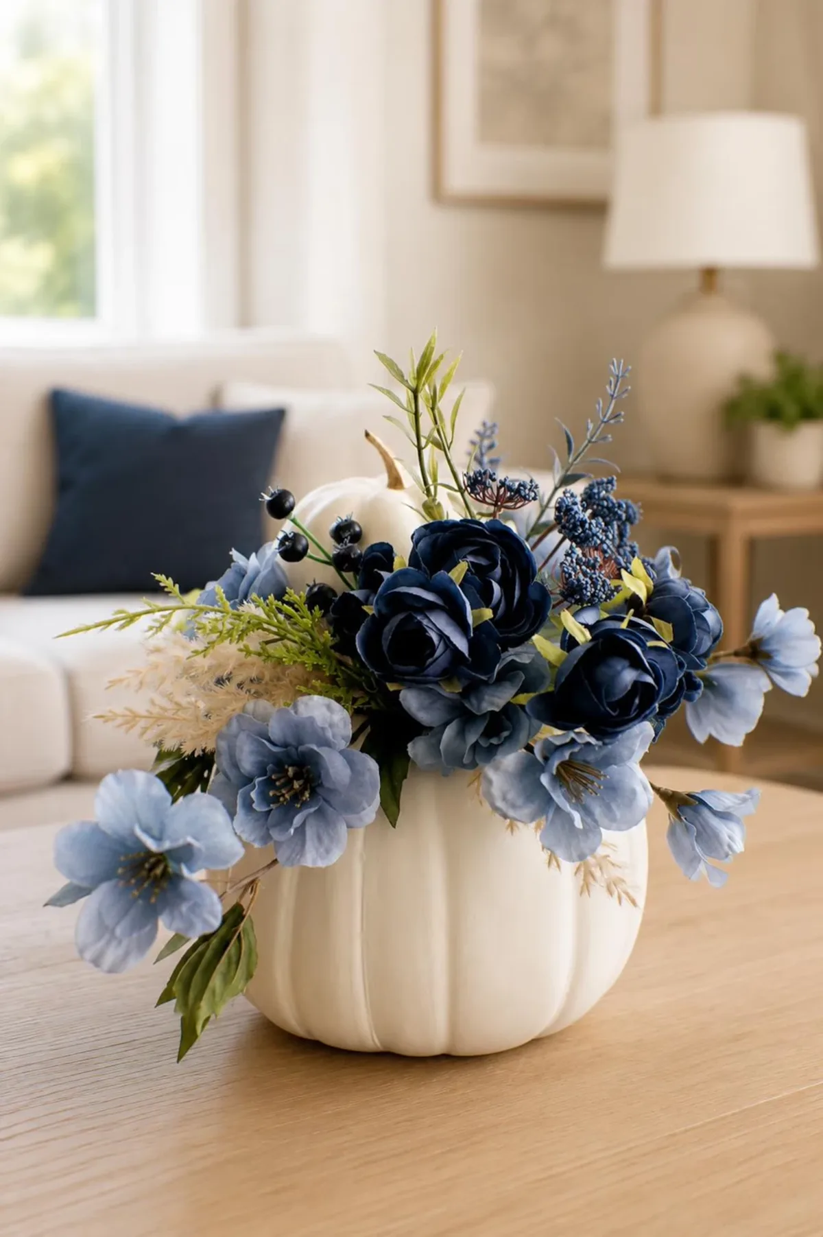 White Pumpkin with Navy Blue Flowers — Luxury Fall Centerpiece
