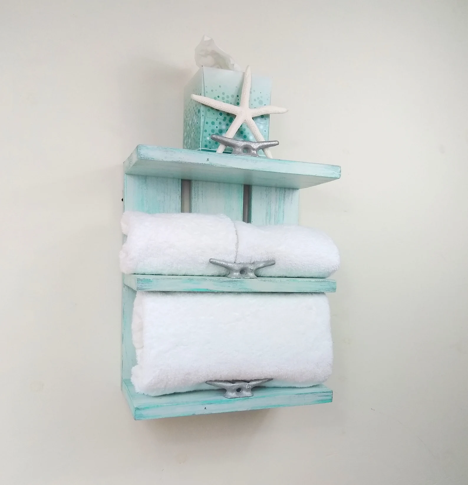 Handmade Nautical Bathroom Shelf with Boat Cleats (Aqua Coastal)