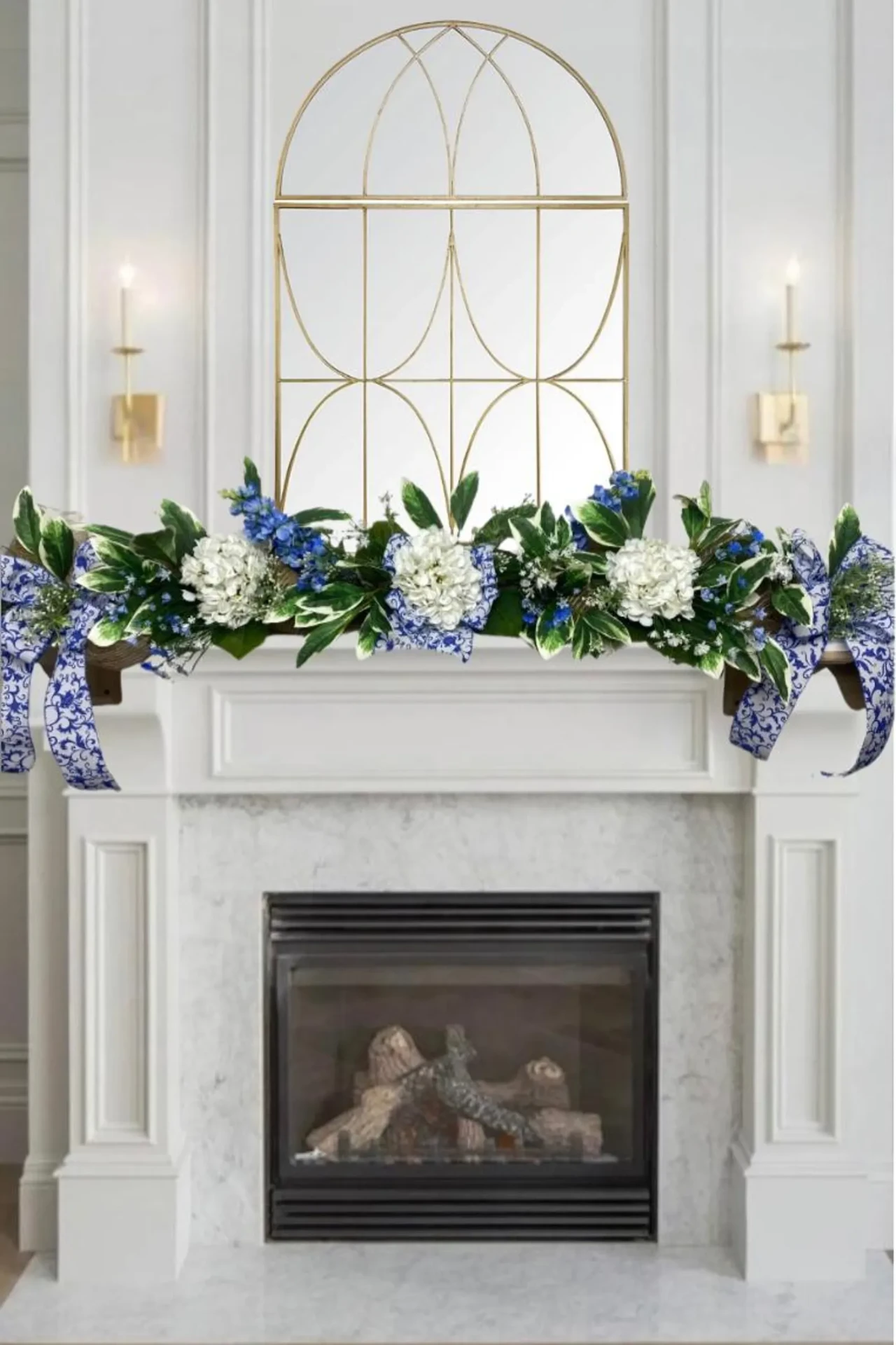 Blue & White Floral Garland with Bows — Chinoiserie Mantel Swag
