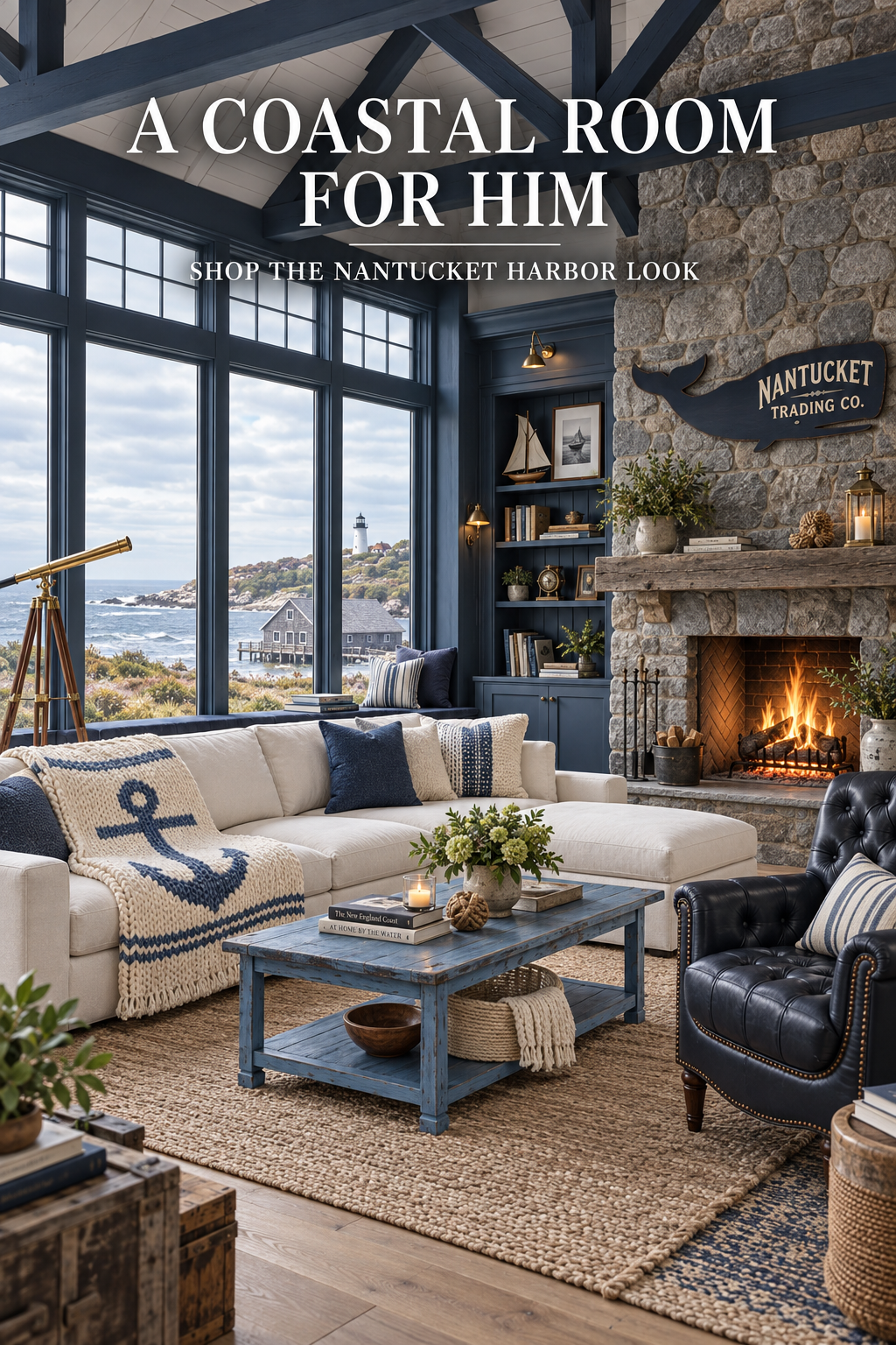 Masculine coastal harbor room with a cream sectional, navy tufted leather chair, distressed blue coffee table, woven rug, anchor throw, brass telescope and stone fireplace.