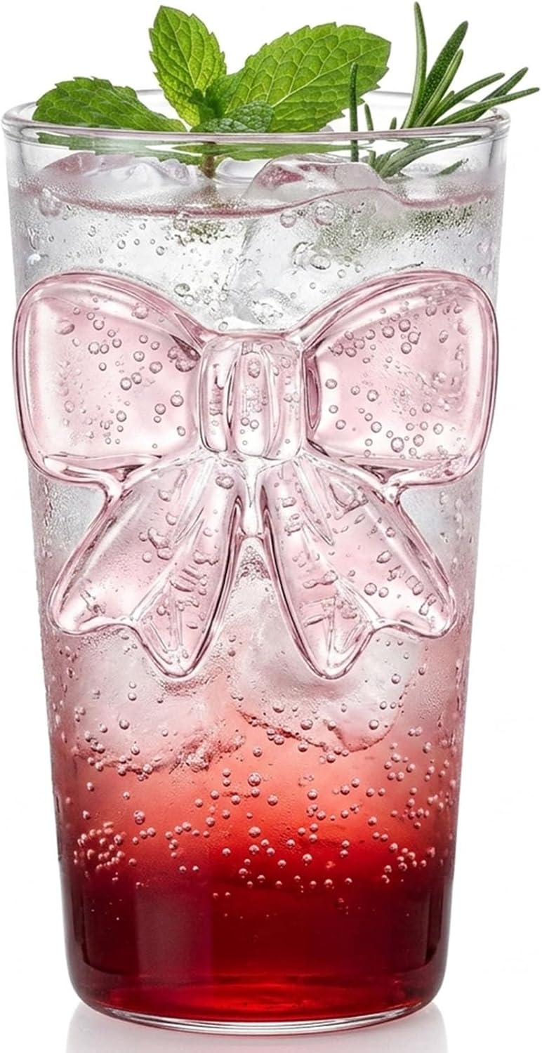 Cute Bow Glass Tumbler, 15 oz Pink Water Glass