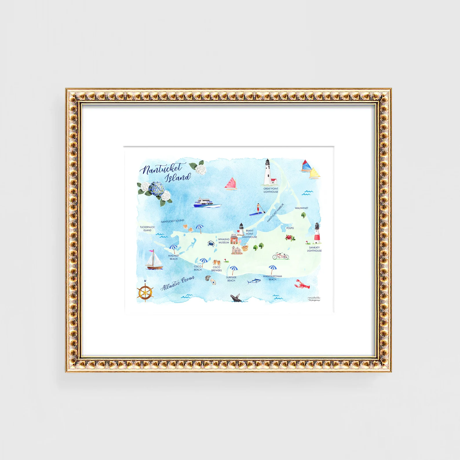 Nantucket Island Watercolor Map Art Print — Lighthouses, Beaches & Landmarks