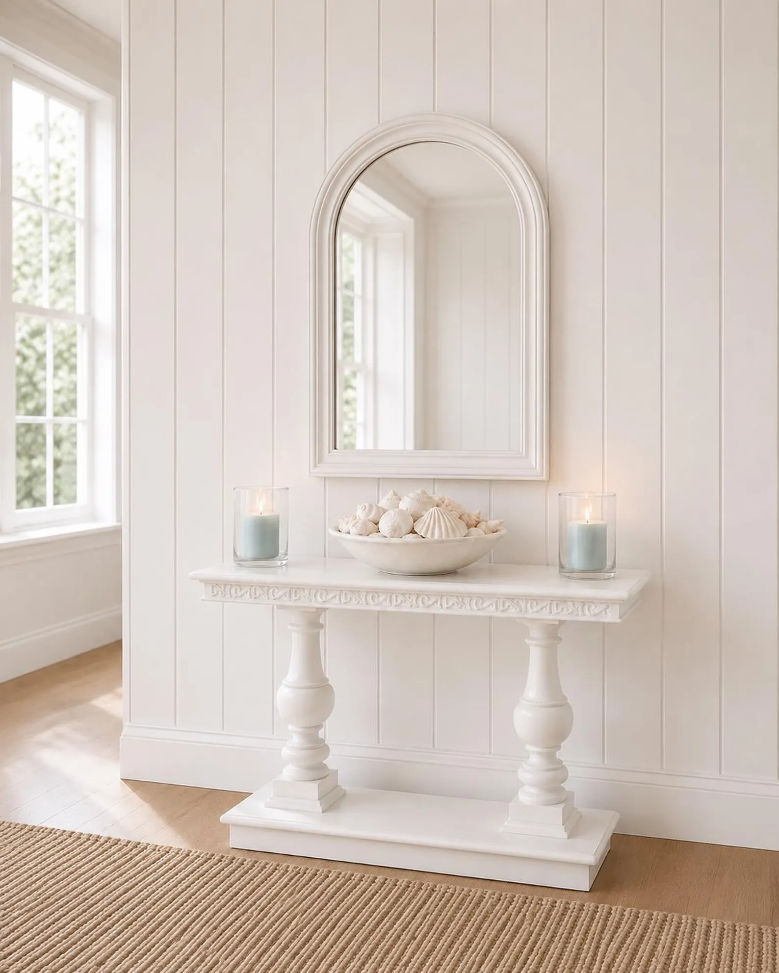 White Carved Pedestal Console Table — Coastal Entryway