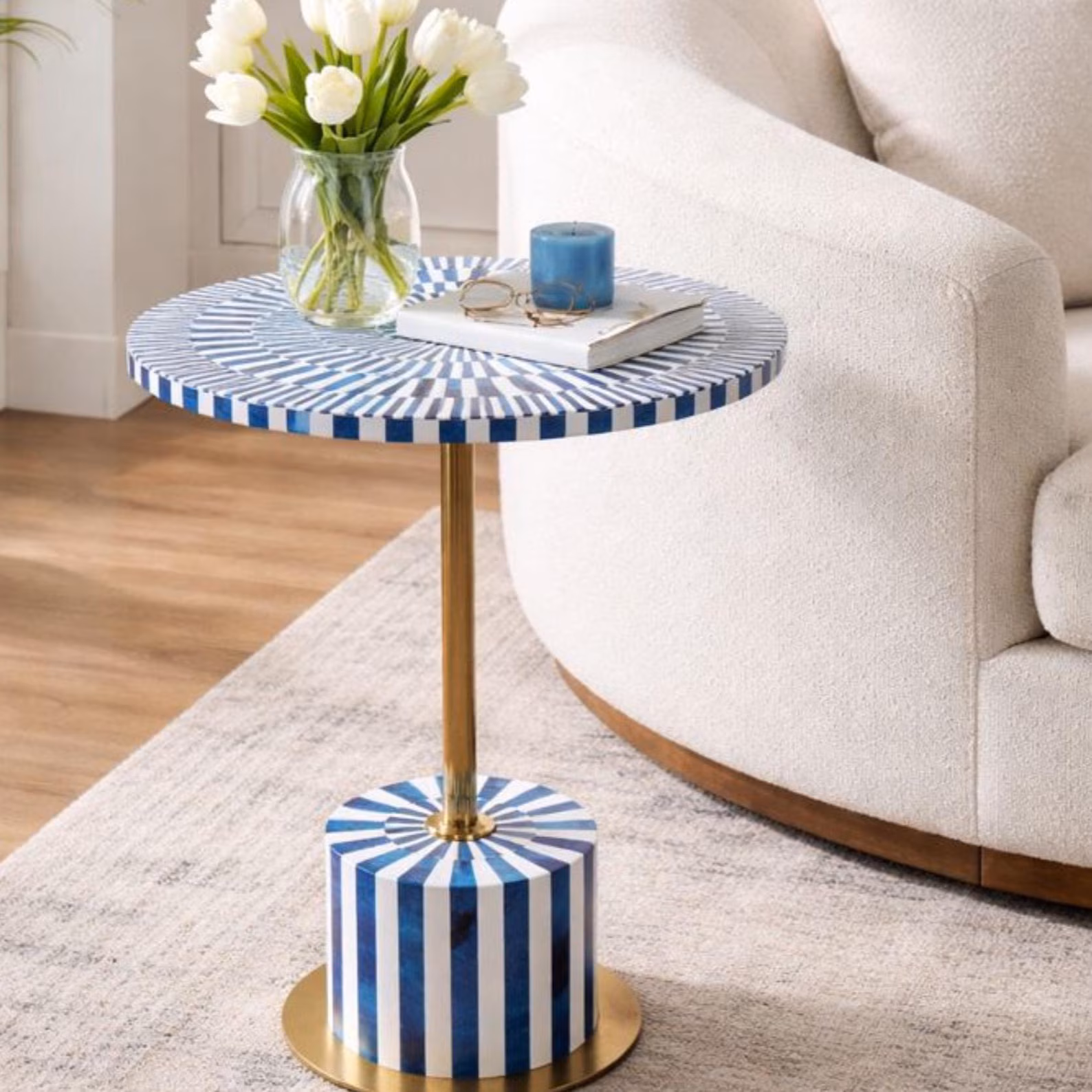 Blue & White Inlay Round Side Table — Brass Pedestal Accent End Table