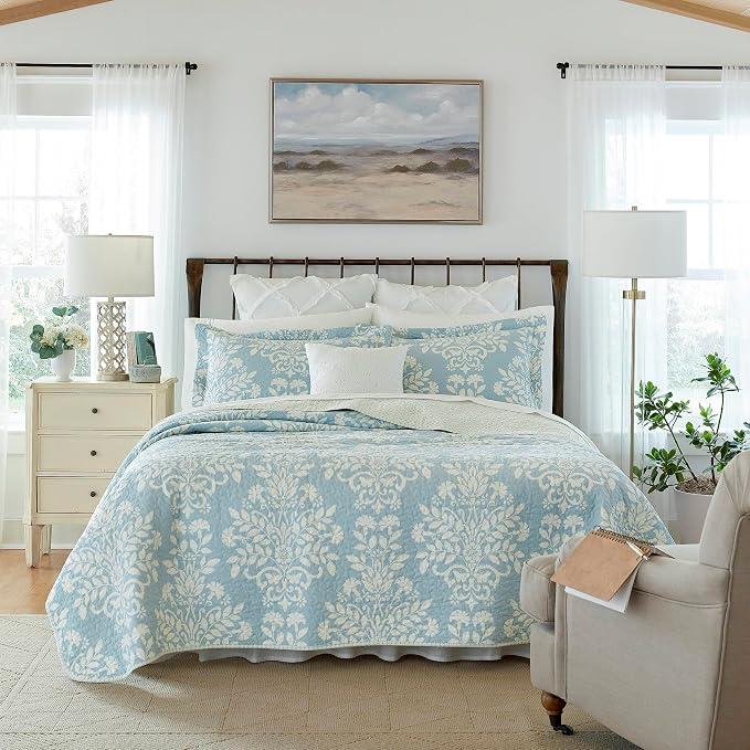 Laura Ashley Rowland Breeze Blue Damask Quilt Set, Full/Queen