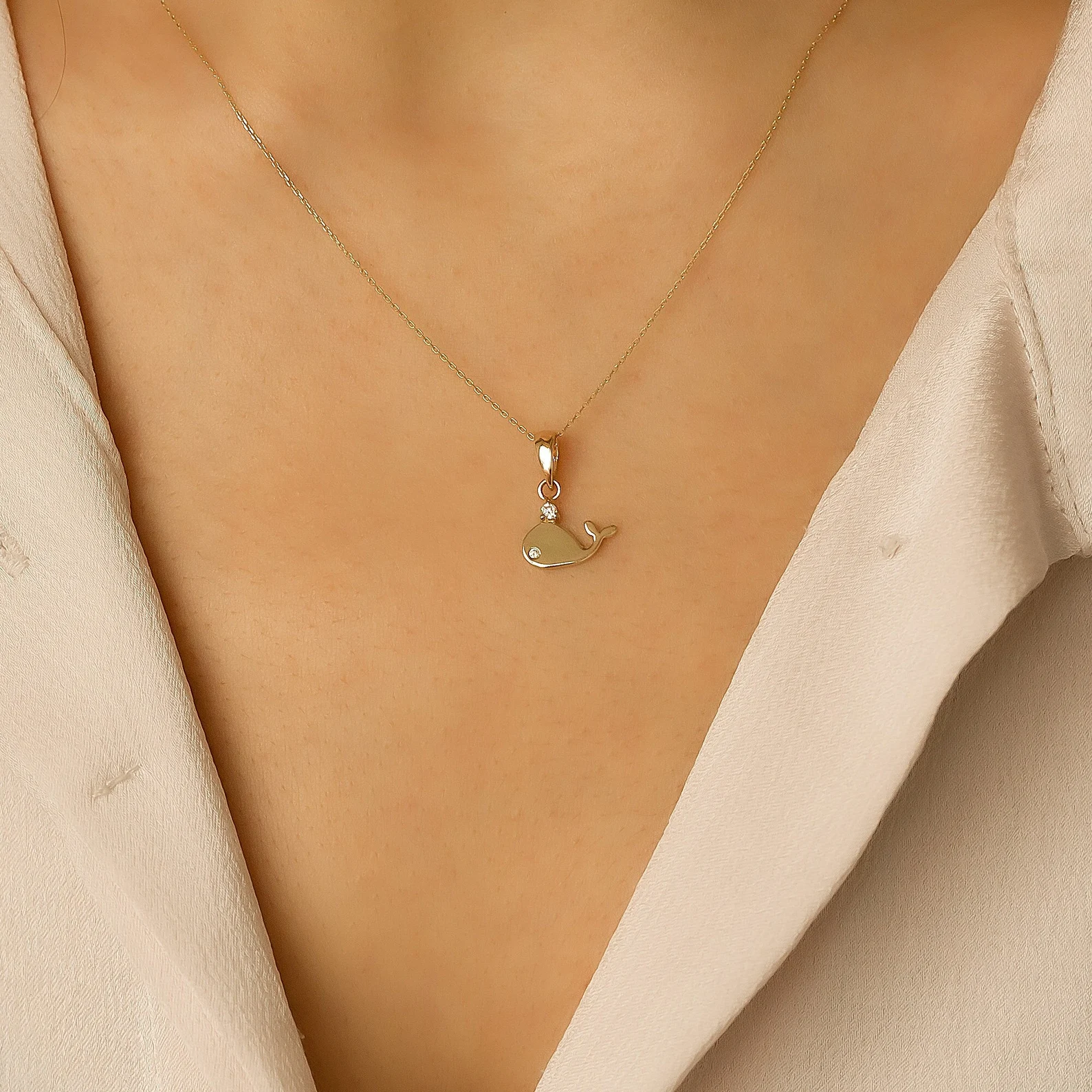 14K Solid Gold Minimalist Whale Pendant Necklace with Diamond