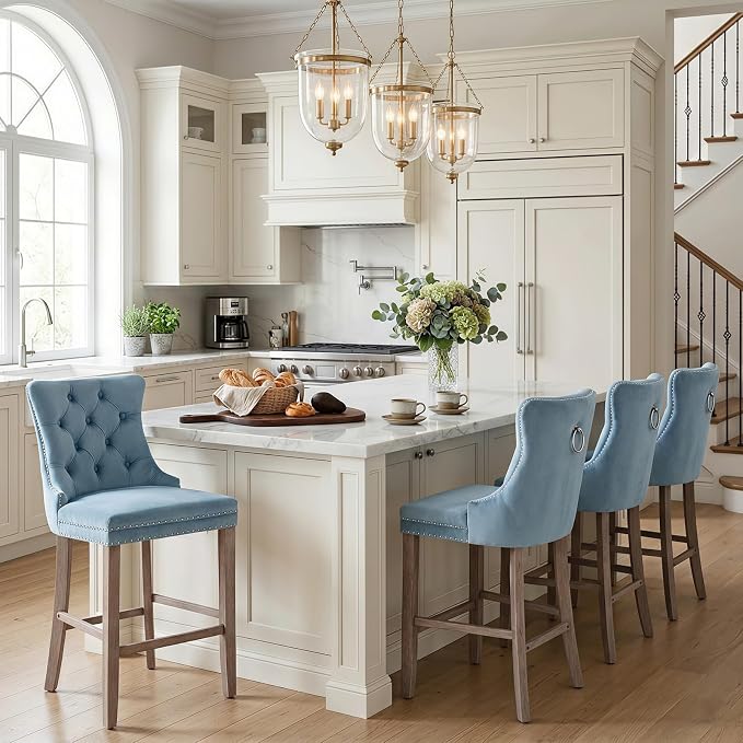 Blue Tufted Velvet Counter Stools — Nailhead Trim (Set of 2)