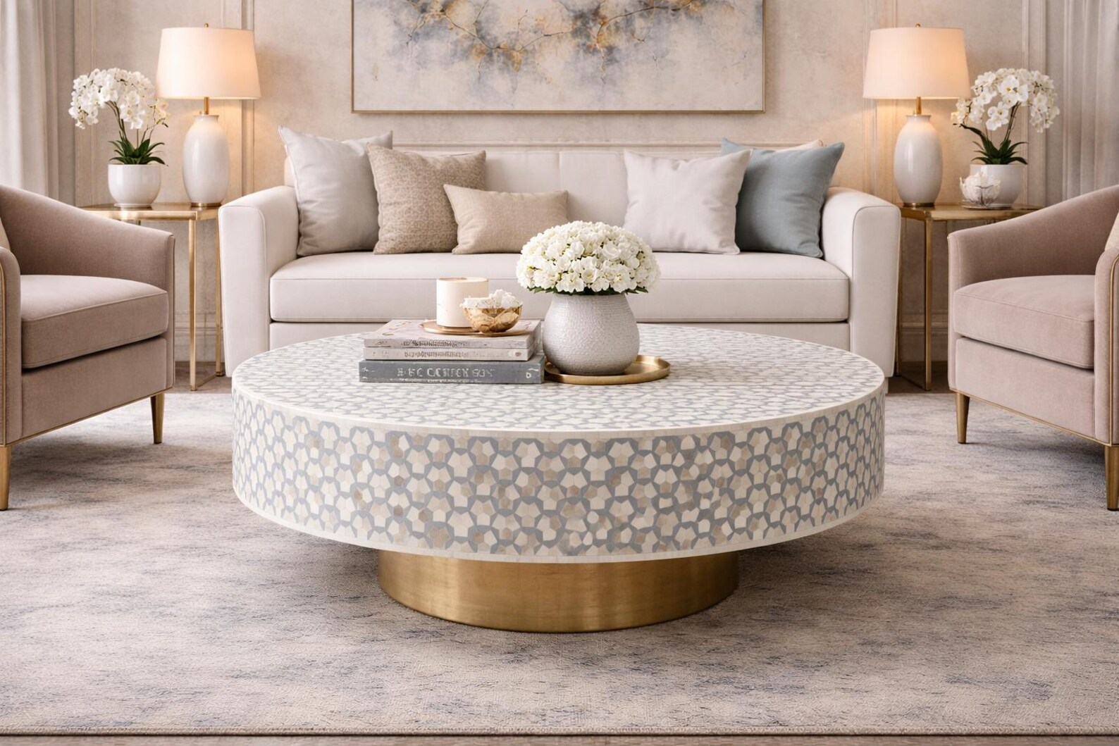 Handmade Bone Inlay Coffee Table — Round Geometric with Brass Base