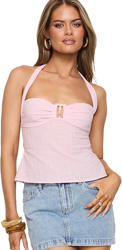 Blush Pink Ribbed Halter Top with Bow Bust Detail